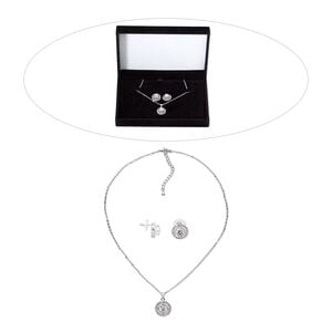 Necklace and earring set, cubic zirconia / stainless steel / rhodium-finished brass, clear, 23mm dangle, 15" to 16" necklace with 2-inch extender chain and lobster claw clasp, 15.5mm earrings with post. Sold per set.