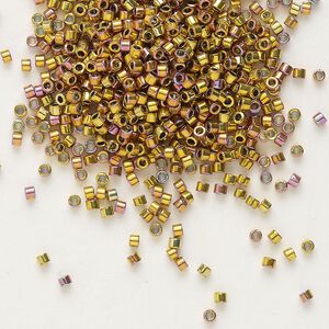 Seed bead, Delica&reg;, glass, pkg/50g, #11 round, opaque 24Kt Lt. gold-plated iris pink (DB-0507).
