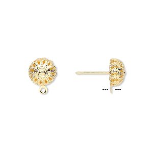 Earstud 1pkg10 gold-plated, 8mm filigree domed / closed loop, brass / stainless steel 5 pair