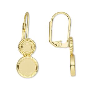 Ear wire leverback 1pkg10 Almost Instant Jewelry&reg;, 31mm / 4mm and 8mm flat back round glue-in setting, gold-finished brass 5 pair