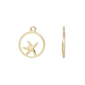 Charm Amoracast&reg; 1pkg1 sterling silver, 12mm 2-sided open round / starfish, "vermeil" (gold finish)