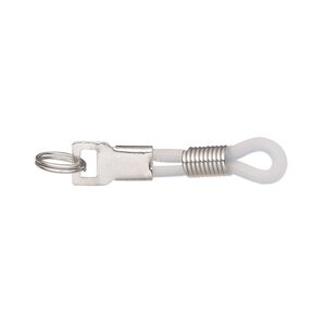 Eyeglass holder, rubber and imitation rhodium-finished steel, clear, 30x6mm with adjustable coil and 7mm slit ring. Sold per pkg of 20.