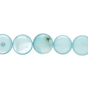 Mother-of-pearl shell 1pkg1, puffed flat round bead 15 inch teal blue 9-10mm