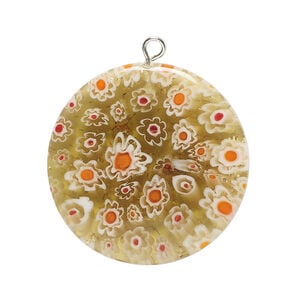 Focal, millefiori glass and silver-finished steel 1pkg1, translucent tan and multicolored, 30mm puffed flat round.