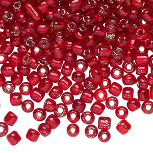 Seed bead, glass, pkg/40g, #6 round, translucent silver-lined red.