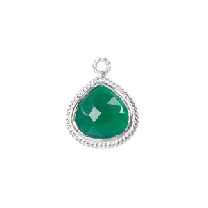 Drop, green onyx (dyed) and sterling silver, 16x16mm-18x17mm hand-cut double-sided faceted teardrop with twisted wire design. Sold individually.