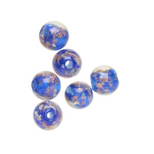 Bead, lampworked glass, clear / cobalt blue / glow-in-the-dark / gold, 8mm round. Sold per pkg of 6.