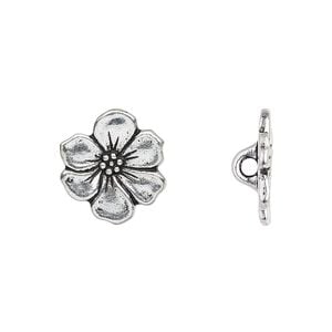 Button, TierraCast&reg;, antique silver-plated pewter (tin-based alloy), 15x14mm flower with loop. Sold per pkg of 20.