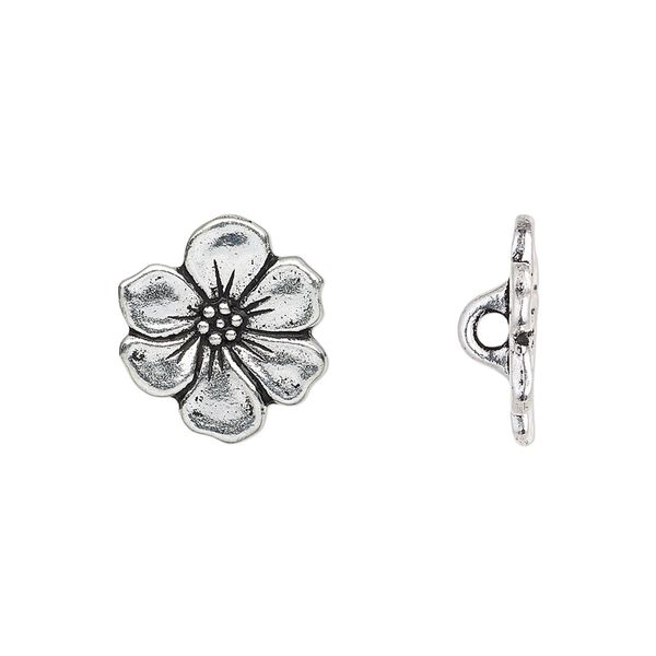 Button, TierraCast&reg;, antique silver-plated pewter (tin-based alloy), 15x14mm flower with loop. Sold per pkg of 20. image number 0