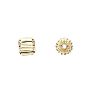 Bead, gold-plated brass, 9x8mm fluted cylinder. Sold per pkg of 20.
