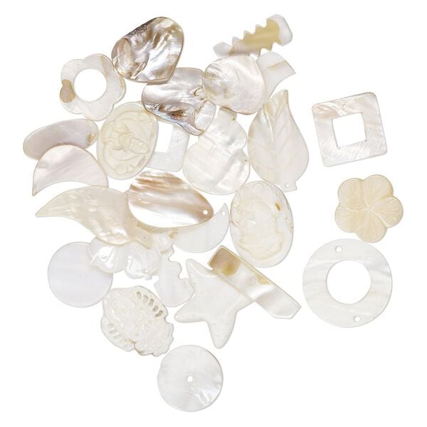 Focal / drop / bead mix, mother-of-pearl shell and blister pearl shell (bleached) 1pkg0.25lb, 29x11mm-45x33mm mixed shapes. image number 0