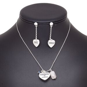Necklace and earring set, rose quartz (natural) / glass / silver-plated brass / steel / "pewter" (zinc-based alloy), black hematite, heart, 15" to 16" necklace with 2-inch extender chain and lobster claw clasp, 45mm earrings with post. Sold per set.