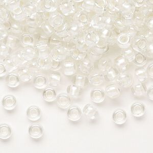 Seed bead, Miyuki, glass, pkg/25g, #6 rocaille, translucent white pearl-lined rainbow pale beige, (RR-3801).