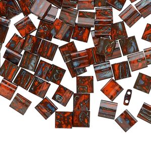 Seed bead, TILA&reg;, glass, pkg/10g, 5mm full tila square, opaque Picasso red, (TL-4520).