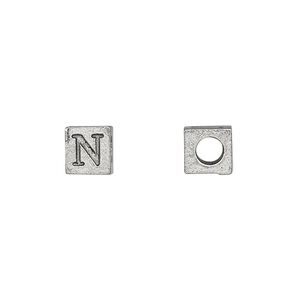Bead 1pkg4 pewter, 7mm cube / Greek letter Nu, antiqued