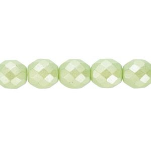 Bead, Czech fire-polished dipped d&eacute;cor glass, pearlescent lime green, 10mm faceted round. Sold per 15-1/2" to 16" strand.