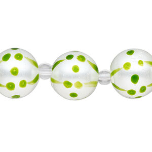 Bead, glass 1pkg8, opaque green and white, hand-painted round.