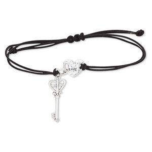 Bracelet, waxed cotton cord and antiqued sterling silver, black, 9mm heart and 24x10mm key, adjustable from 6-9 inches with macram&eacute; knot closure. Sold individually.