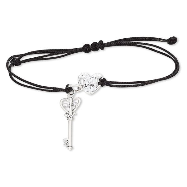 Bracelet, waxed cotton cord and antiqued sterling silver, black, 9mm heart and 24x10mm key, adjustable from 6-9 inches with macram&eacute; knot closure. Sold individually. image number 0