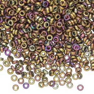 Seed bead, Miyuki, glass, pkg/50g, 3x1.3mm spacer rondelle, opaque iris purple and gold, (SPR3-188).