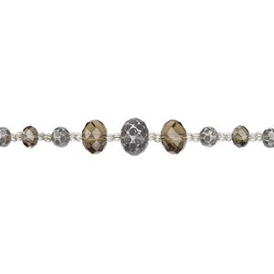 Bead, glass, clear / grey / smoky brown, 6x5mm-17x13mm graduated faceted rondelle with hand-painted polka dot design. Sold per 7-inch strand.