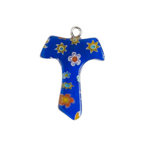 Component 1pkg1, silver-finished steel / millefiori glass, translucent cobalt blue / multicolored, 25x19mm-28x20mm letter "T".