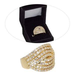 Ring, Czech glass rhinestone and gold-finished brass, clear, 19mm wide with overlay knot, size 8. Sold individually.