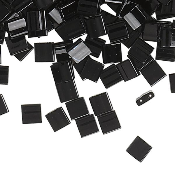 Bead, Miyuki, TILA&reg;, glass, opaque black, (TL401), 5mm square with (2) 0.8mm holes, fits up to 3mm beads. Sold per 10-gram pkg. image number 0