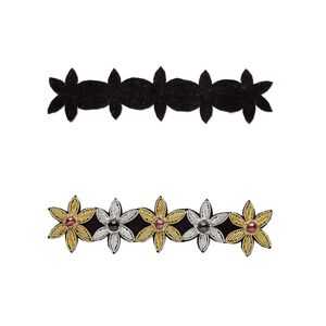 Sew-on component, velveteen / glass / gold- and silver-finished copper French wire, black and red, 5-1/2 x 1-1/2 inch 5 flowers. Sold individually.