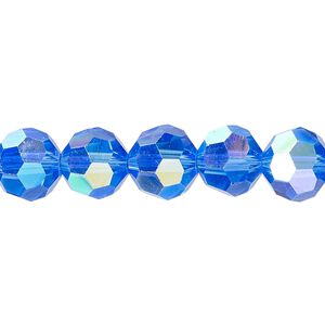 Bead 1pk 32 facets translucent medium blue AB, Celestial Crystal&reg; 10mm round 15.5-16 inch