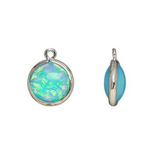 Drop, Opalized Ice&trade;, "opal" (resin) and imitation rhodium-finished brass, opaque light blue, 14mm double-sided round .Sold per pkg of 4.