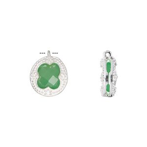 Drop, chalcedony (dyed) / cubic zirconia / sterling silver, clear and sea green, 12mm two-sided faceted round. Sold individually.