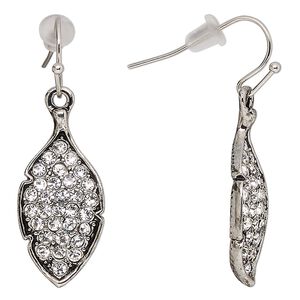 Earring, glass and antique silver-finished "pewter" (zinc-based alloy), 38mm fishhook with 26x12.5mm leaf, 21 gauge. Sold per pair.