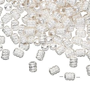 Bead 1pkg50 silver-plated, 5x4mm ribbed tube, brass