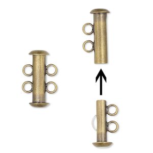 Clasp slide lock 1pkg4 gold-plated, 16x6mm tube, antique brass 2-strand