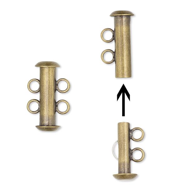 Clasp slide lock 1pkg4 gold-plated, 16x6mm tube, antique brass 2-strand image number 0