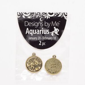 "Pewter" (zinc-based alloy) / enamel 1pkg2, 2-sided round charm / Aquarius / "Friendly" antique gold finish / black 18mm