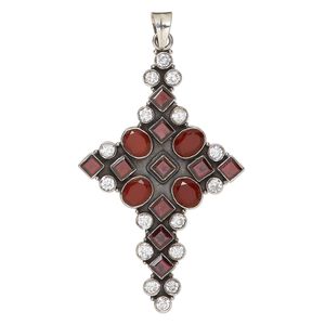 Pendant, carnelian / garnet (natural/dyed/heated/irradiated) / cubic zirconia / antiqued sterling silver, clear, 3-1/2x2-1/4 inch cross. Sold individually.
