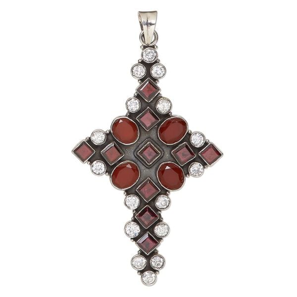 Pendant, carnelian / garnet (natural/dyed/heated/irradiated) / cubic zirconia / antiqued sterling silver, clear, 3-1/2x2-1/4 inch cross. Sold individually. image number 0