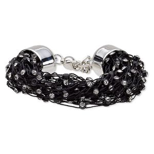 Bracelet, glass rhinestone / acrylic / nylon / silver-coated plastic / silver-finished steel, black and clear, 20mm wide, 6-1/2 inches with 2-1/4 inch extender chain and lobster claw clasp. Sold individually.