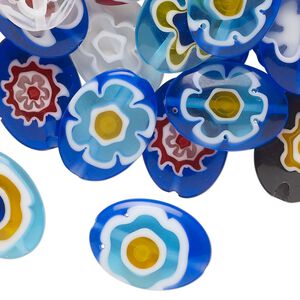 Bead mix, millefiori glass, translucent and transparent multicolored, 17x12mm-19x13mm puffed oval. Sold per 2-ounce pkg, approximately 35 beads.