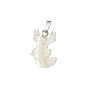 Pendant, mother-of-pearl shell (bleached) / antique silver-finished "pewter" (zinc-based alloy) / steel 1pkg1, 18x12mm-21x14mm single-sided carved lobster.