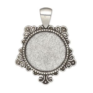 Pendant, glue-in, antique silver-finished "pewter" (zinc-based alloy), 37x29mm single-sided pentagram with 20mm round setting. Sold per pkg of 2.