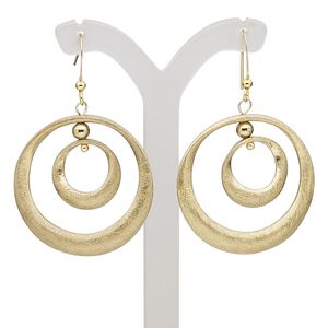 Earring, gold-finished brass and "pewter" (zinc-based alloy), 2 inches with scratched double open circle and fishhook ear wire. Sold per pair.