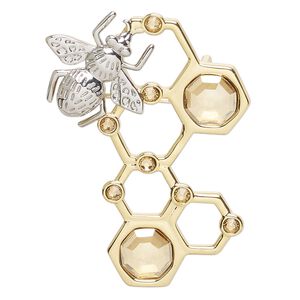 Brooch, Everyday Jewelry&trade;, Crystal Passions&reg; and gold-plated "pewter", light Colorado topaz, 45x32mm bee and honeycomb. Sold individually.