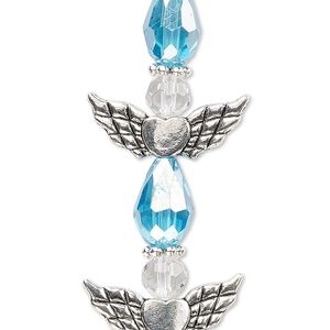 Bead mix 1pkg4 silver-plated "pewter", 25x22mm angel, light turquoise blue AB & clear / antique