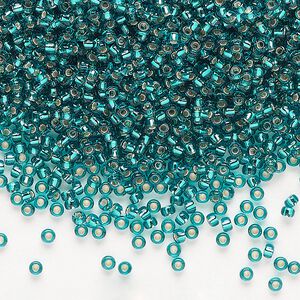 Seed bead, Miyuki, glass, pkg/25g, #11 rocaille, transparent silver-lined teal (RR-2425).