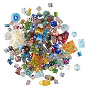 Bead mix, millefiori glass, pkg/4 ounces, 3-24x15mm top-drilled and center-drilled mixed shapes, opaque and translucent mixed colors.