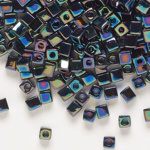 Seed bead, Miyuki, glass, pkg/250g, 3.5-3.7mm square, opaque rainbow black (SB-401R).