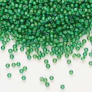 Seed bead, Miyuki, glass, pkg/250g, #11 rocaille, translucent white-lined luster green, (RR-3763).